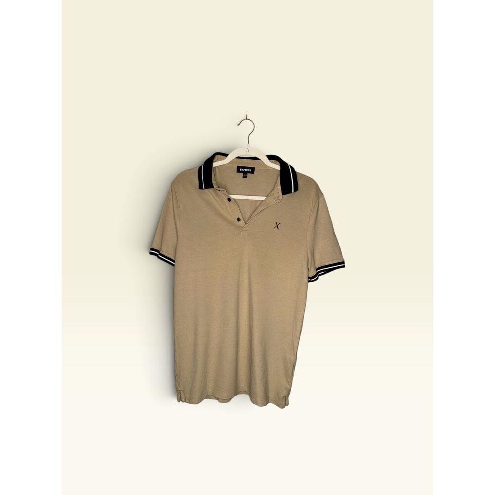 Express Men's Tan Contrast Trim Polo Shirt Black White X Logo Size M